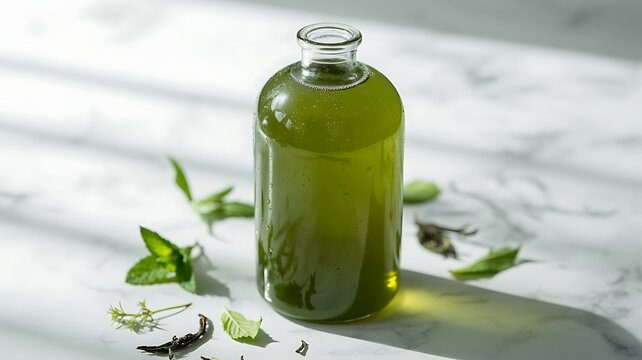 Refreshing green herbal drink in sleek glass bottle with mint leaves photo