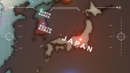 a stylized digital map of East Asia focused on Japan, highlighted with bright dots and a glowing red marker around the central region. Japan is labeled clearly, with North Korea and South Korea. © ran