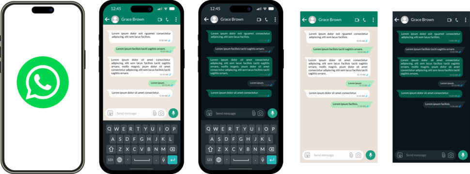 Mobile messaging app interface with dark and light modes, realistic smartphone screens for communication software, chat design with text bubbles