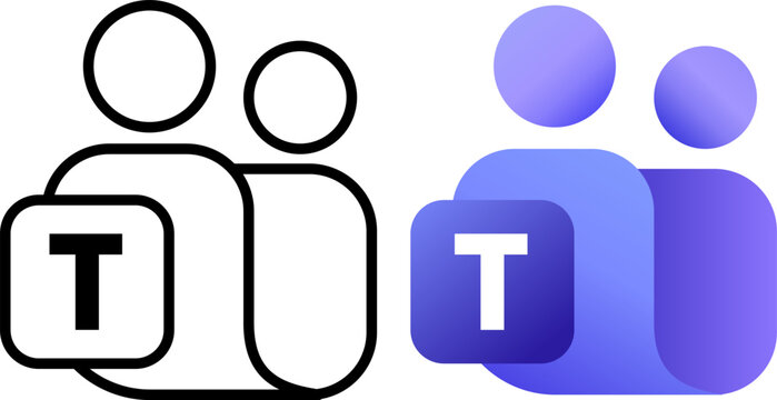 Microsoft Teams logo in outline and colorful gradient versions, professional collaboration software icon for business communication, vector illustration of silhouettes of people and the letter T