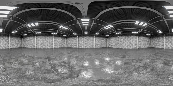 Environment map for your project, panorama. Conformal panorama. Exhibition hall of a manufacturing facility with brick walls. 360-degree spherical HDRI panorama of the hangar interior. 3D render.