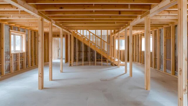 Unfinished Wooden House Interior Framing with Exposed Timber Beams Support Posts and Staircase Structure During Residential Construction