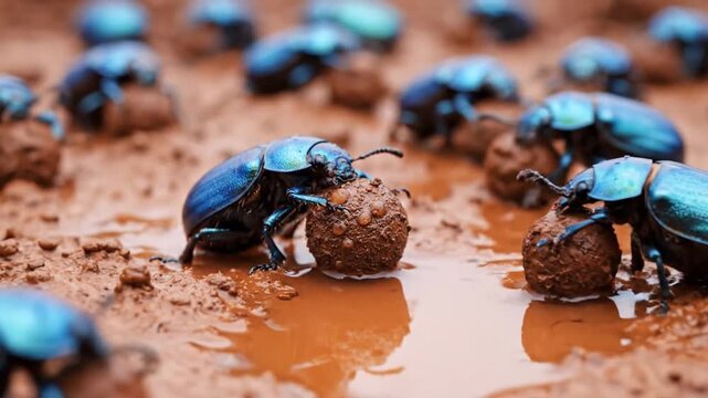 Metallic blue dung beetles rolling balls on muddy terrain