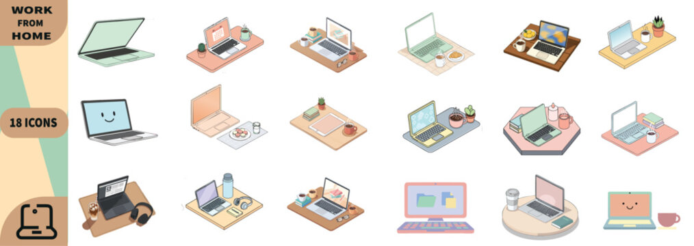 Laptop and desktop computer icons in flat design with pastel colors on white background for web graphics