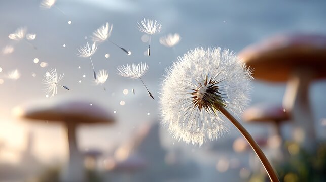 Delicate dandelion seeds gracefully float through warm golden light with blurred fantastical background elements
