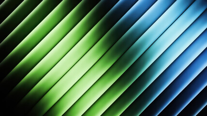 Obraz premium 3d rendering. Abstract geometric background. Polished chrome texture with blue green gradient. Ribbed glass illuminated with neon light 