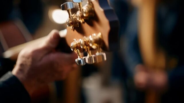 Closeup of an expert adjusting the tuning pegs of a classic acoustic guitar in a welllit music studio for precise calibration.