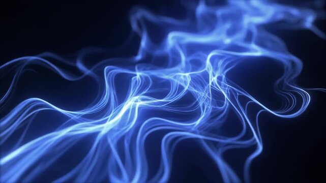Glowing blue neon light trails flowing wavelike across a dark background, creating a mesmerizing pattern