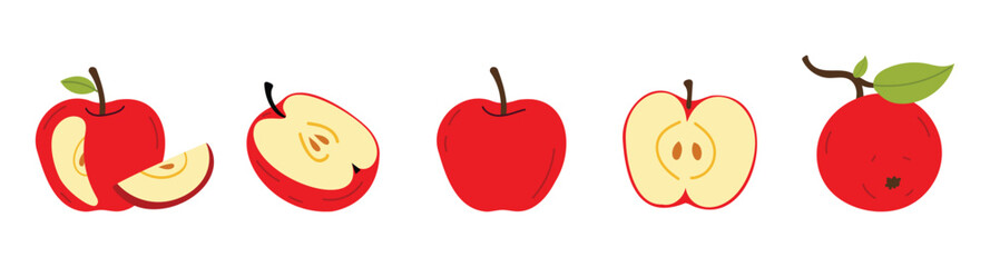 Obraz premium Red apple set with whole fruit, half, slice and different cuts. Fresh healthy food collection in flat vector style. Isolated illustration on white background.