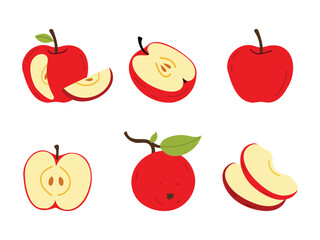 Red apple collection with whole fruit, half and slices. 