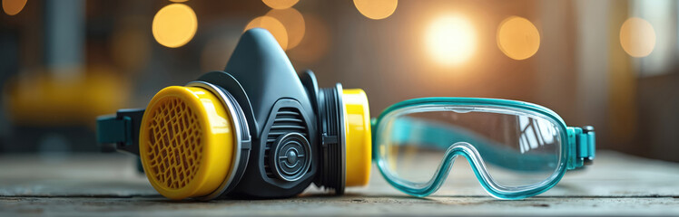 Obraz premium Respirator mask with yellow filters and safety goggles rest on wooden table. Personal protective equipment for industrial work. Respirator gear protects face and eyes from dust and chemicals.