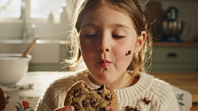 Delighted young girl enjoying a delicious freshly baked chocolate chip cookie in a home kitchen