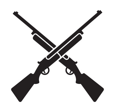 Two crossed rifles in black silhouette on white background  hunting and shooting concept