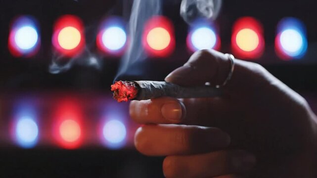Hands ignite a rolled paper infused with herbs in a dark setting during nighttime