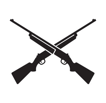 Two crossed rifles in black silhouette on white background