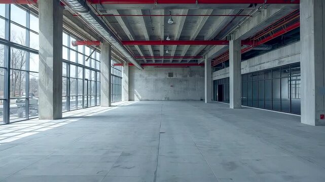 Empty industrial warehouse interior with large windows concrete floor and exposed ceiling beams