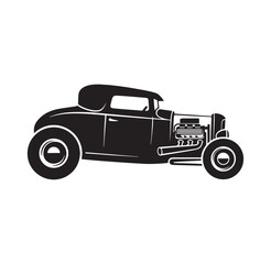 Vintage hot rod car in black and white illustration driving fast on road