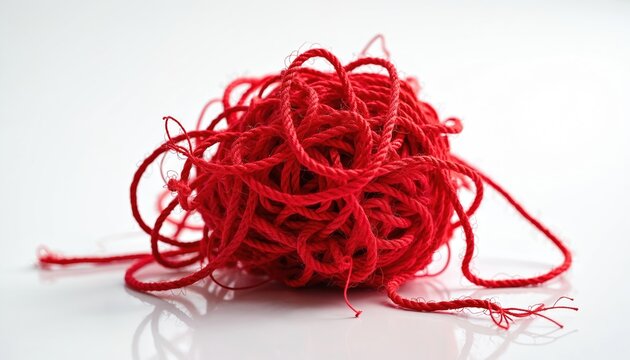 Ball of bright red string, tangled cord mess on white studio background. Closeup fiber texture shows chaotic knot, hobby craft material isolated on plain surface.