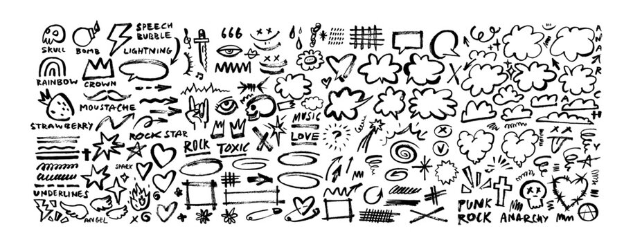 Punk rock doodles bg. Hand-drawn vector fire, graffiti stars, music icons. Edgy brush-painted emo scrapbook, poster, and tattoo bg. Grunge texture cloud, spark, star textboxes. Lattice underline set