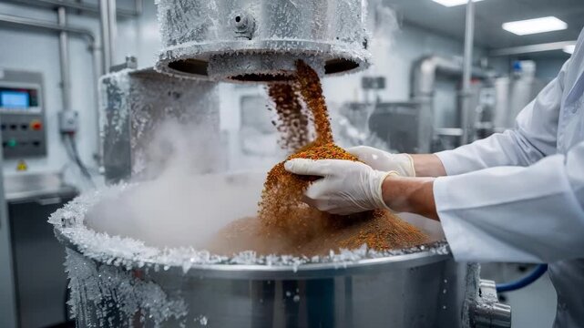 Medium shot showcasing fine grinding of spices using an ultralow temperature cryogenic mill highlighting frostcovered equipment and vapor from the nitrogenbased system.