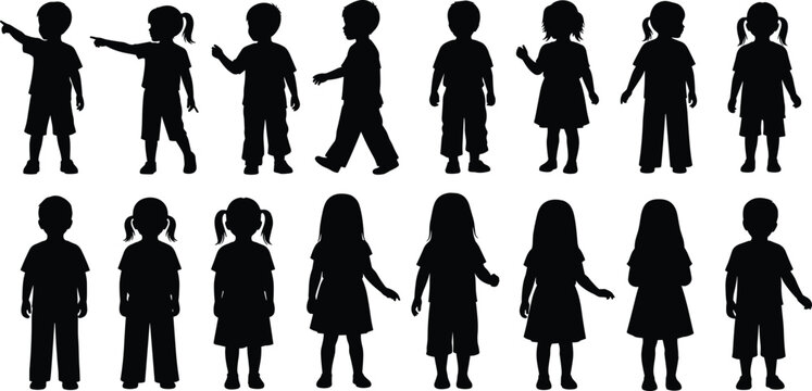 Collection of black silhouettes of diverse children and toddlers standing and pointing in various poses for school, education, childhood development and community group concepts