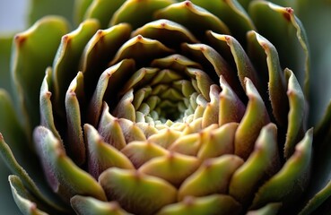 Fototapeta premium Macro photo of succulent plant center with spiraling green leaves. Natural geometric pattern shows organic growth. Healthy edible plant shows botanical texture.