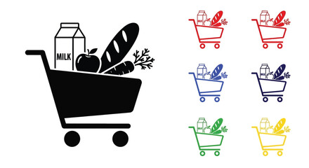 Grocery shopping icons depicting food and carts in a black silhouette © mst