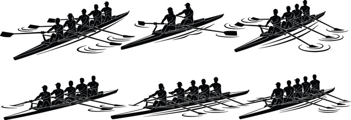 Silhouette illustration of rowing teams in boats with oars, synchronized movement, water ripples, teamwork, coordination, and athletic effort across multiple configurations from two to eight rowers © MstParul