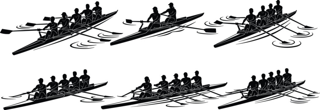 Silhouette illustration of rowing teams in boats with oars, synchronized movement, water ripples, teamwork, coordination, and athletic effort across multiple configurations from two to eight rowers