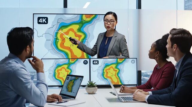 Businesswoman leads presentation on weather map for team. Woman points at screen during office meeting. Team watches weather data on monitor. Presentation shows climate map. Modern office meeting.