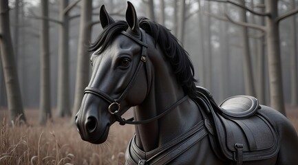 Close-up of the horse's head and neck in profile; leather bridle, expressive muscles and wool texture, calm monochrome background, modern composition.