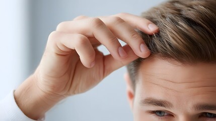 Fototapeta premium A ro close up shows fingers parting dark hair to examine the scalp highlighting skin texture against a clean blurred background