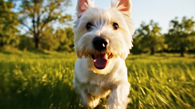 Energetic Small White Dog Running Fast Towards Camera Dynamic Motion Blur High Speed Canine Action Purebred Pet Playing Outdoors Vibrant Sunny Day