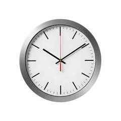 Minimalist silver round wall clock with three distinct hands showing a specific time against a pure black background on transparent background