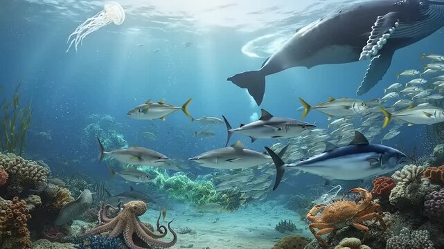 Underwater Scene with Sharks and Marine Life.
