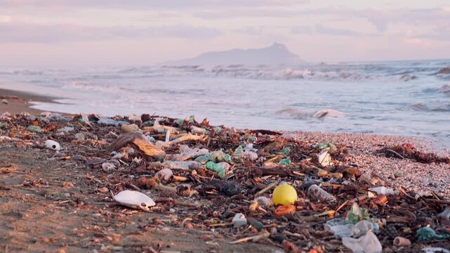 Plastic Waste Pollution on Ocean Shore