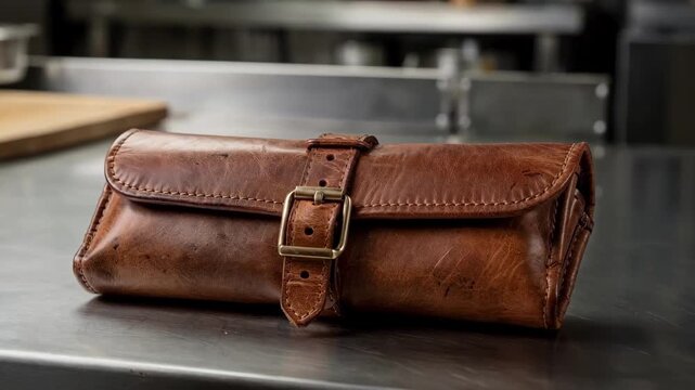 Medium shot of a folded leather knife roll with a buckle closure resting on a chefs workstation emphasizing portability and organized blade storage.