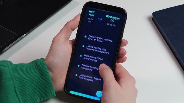 User scrolling through premium train travel options on a smartphone. Features like high-speed WiFi, luxury seating, and digital tickets displayed in a clean dark-mode UI. Modern mobile service