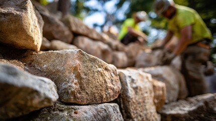 Fototapeta premium Masonry team building natural stone retaining wall on slope, various sized boulders