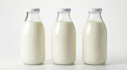 three identical glass milk bottles with white caps isolated on white background
