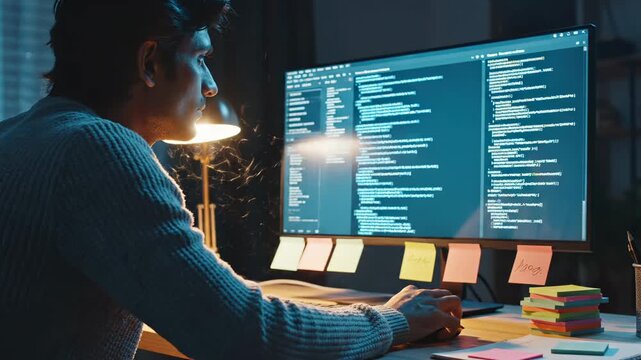 Young programmer working on code at night. Male developer writes software code late. Man coding on computer in dark room. Professional programmer checking code on screen. Developer working late.