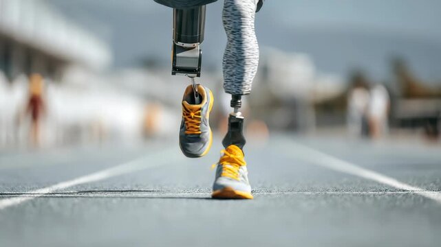 Athlete with prosthetic legs running on an outdoor track, showcasing determination and adaptive sports technology. Focus on lower body and modern prosthetics in motion