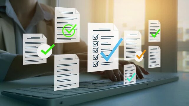 Business person checking digital documents on laptop with checklist approval icon, verification, workflow control, productivity and online document management.	
