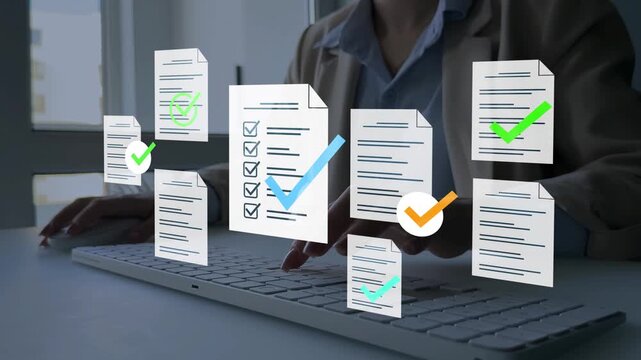 Businessman in computer doing online data documentation checklist survey. Fast checklist,clipboard task business management.Productivity checklist and filling survey form online.	

