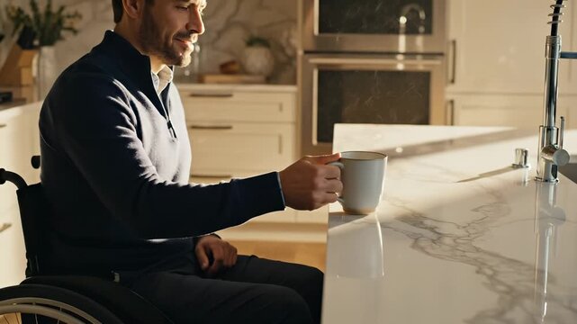 Man in wheelchair takes cup of hot coffee from kitchen table. Disabled man holding white mug smiles in sunlight. Happy man in wheelchair drinking tea at home. Morning routine in sunny modern home