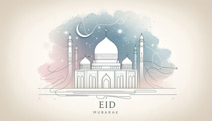 Minimal Mosque Dome Line Illustration with Soft Watercolor Eid Mubarak Design