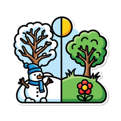 Obraz premium A snowman stands beside a tree contrasting winter and spring scenes in a divided landscape viewed from the side