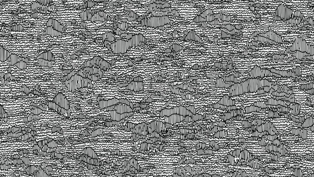 Dense abstract pattern of short wavy black lines and textured shapes covers the entire frame for a complex background.