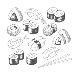 Black and white pencil of assorted sushi and chopsticks nigiri maki sashimi shrimp © Musfiqur