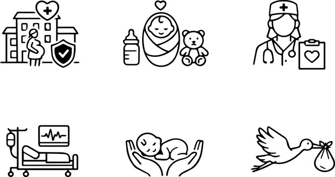 Maternity newborn hospital care icon set
